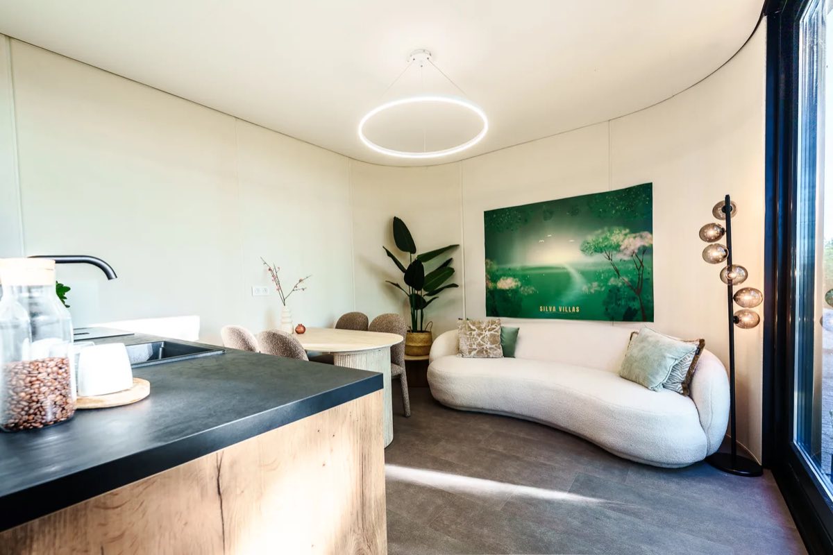 Woonkamer met gebogen wand en zithoek